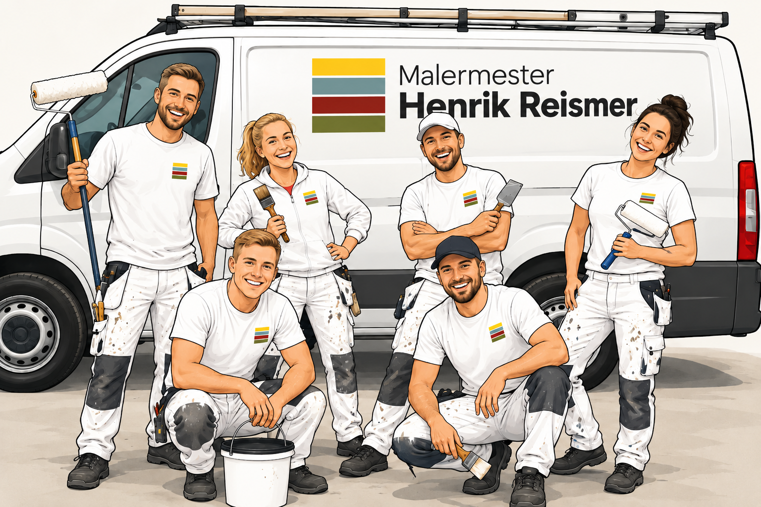 Illustration af fem glade malere foran Malermester Henrik Reismers varevogn med firmaets logo.